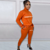 Printed letter plush pullover zipper casual sports suit