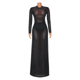 Women's sexy mesh perspective long sleeve nightclub dress