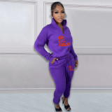 Printed letter plush pullover zipper casual sports suit