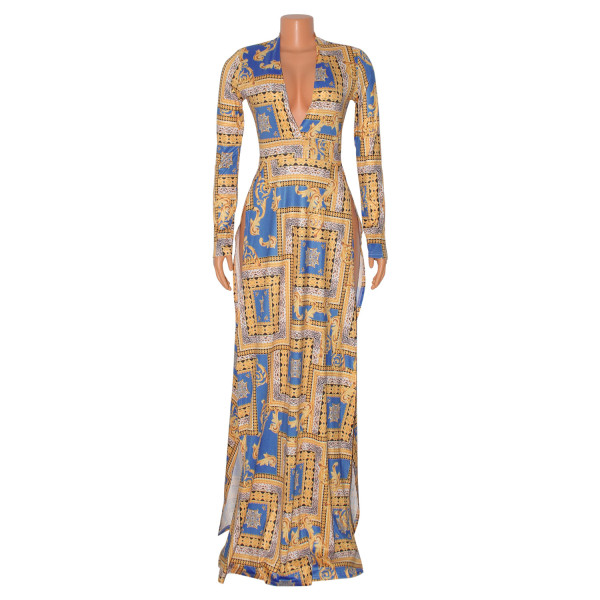 Women's fashion sexy split print long sleeve dress