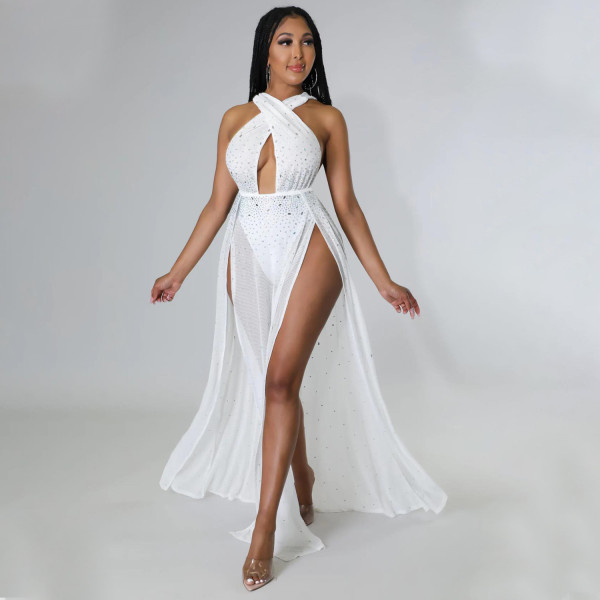 Women's sexy mesh perspective hot drill split dress