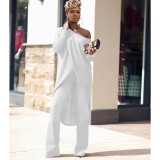 Irregular round neck diagonal top wide leg trousers casual suit