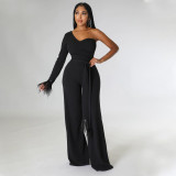 Women's fashion sexy wide leg pants One shoulder tassel jumpsuit