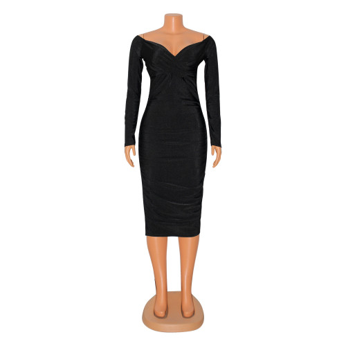 Women's sexy one shoulder pleated hip wrap long sleeve dress