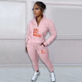 Printed letter plush pullover zipper casual sports suit