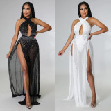 Women's sexy mesh perspective hot drill split dress