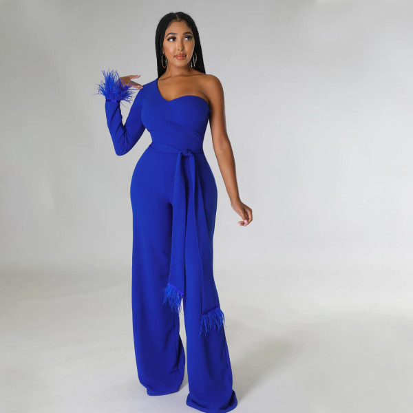 Women's fashion sexy wide leg pants One shoulder tassel jumpsuit