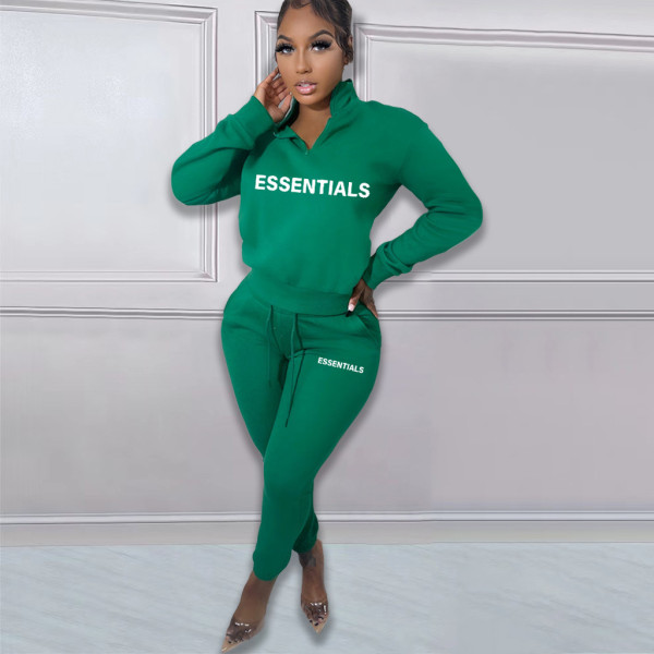 Printed letter plush pullover zipper casual sports suit