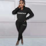 Printed letter plush pullover zipper casual sports suit