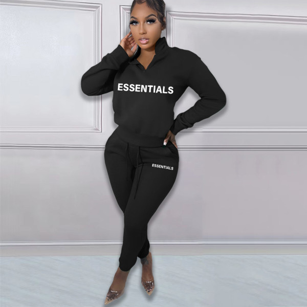 Printed letter plush pullover zipper casual sports suit