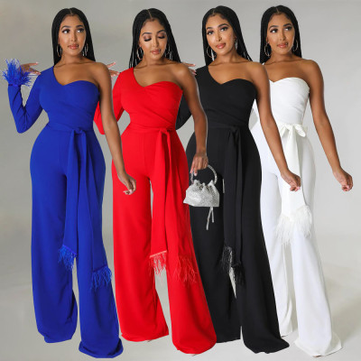 Women's fashion sexy wide leg pants One shoulder tassel jumpsuit
