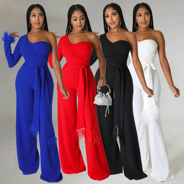 Women's fashion sexy wide leg pants One shoulder tassel jumpsuit