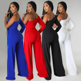 Women's fashion sexy wide leg pants One shoulder tassel jumpsuit