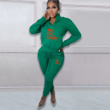 Printed letter plush pullover zipper casual sports suit