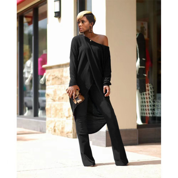 Irregular round neck diagonal top wide leg trousers casual suit