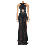 Women's sexy mesh perspective hot drill split dress