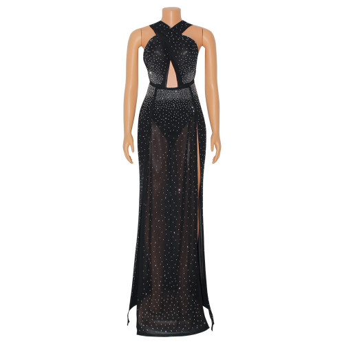 Women's sexy mesh perspective hot drill split dress