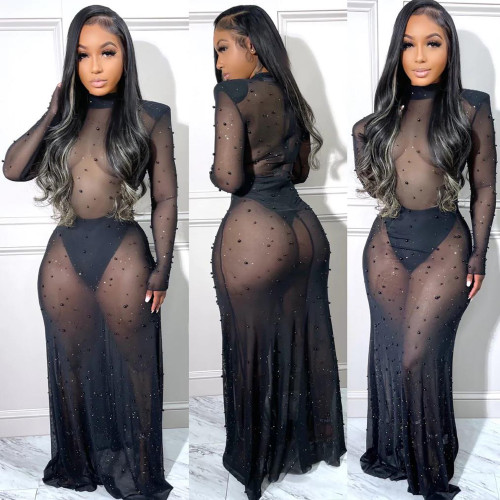 Women's sexy mesh perspective long sleeve nightclub dress