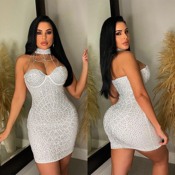 Sexy tight chest wrap tassel hot drill dress