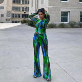 Green printed T-shirt wide leg pants fashionable casual two-piece set