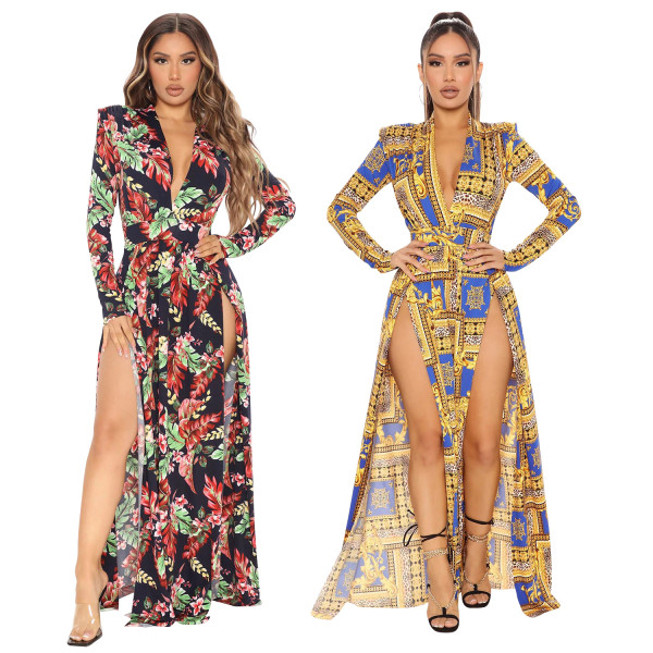 Women's fashion sexy split print long sleeve dress