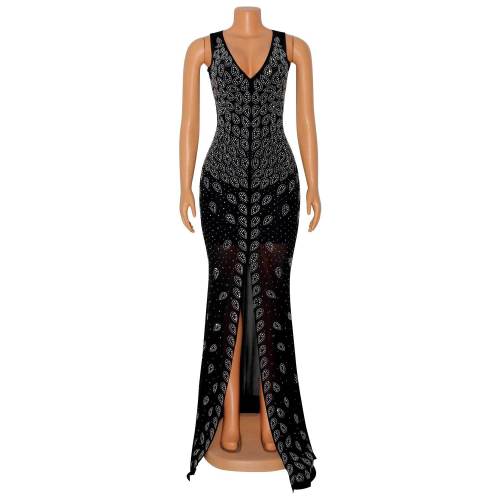 Women's sexy V-neck tight mesh nightclub party hot drill dress