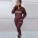 Printed letter plush pullover zipper casual sports suit