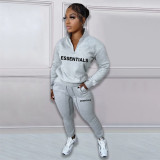 Printed letter plush pullover zipper casual sports suit