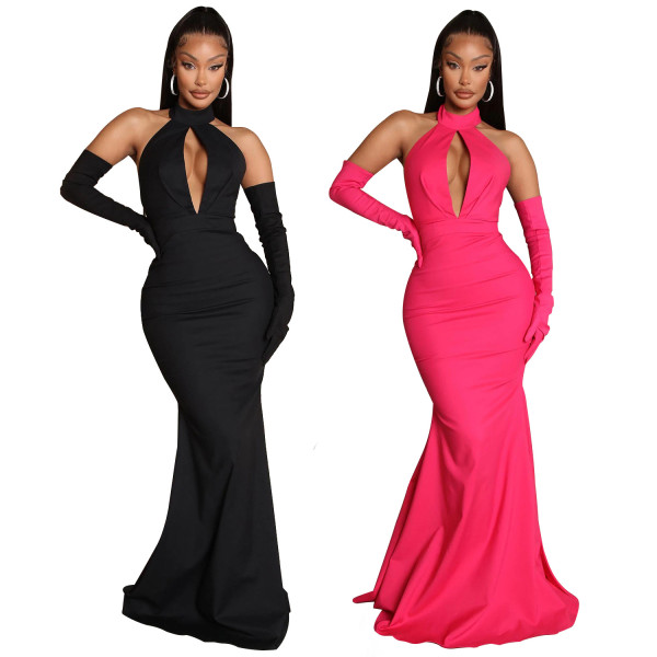 Women's fashion sexy backless hollow neck dress