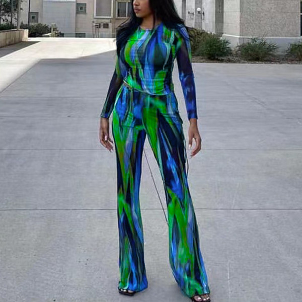 Green printed T-shirt wide leg pants fashionable casual two-piece set