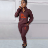 Printed letter plush pullover zipper casual sports suit