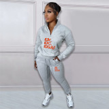 Printed letter plush pullover zipper casual sports suit