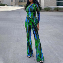 Green printed T-shirt wide leg pants fashionable casual two-piece set Green printed T-shirt wide leg pants fashionable casual two-piece set