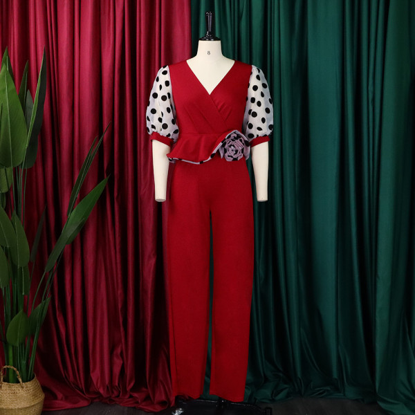 V-Neck Slim Fit High Waist Mesh Splice Oversized Jumpsuit