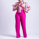 Autumn and winter loose large casual printing long sleeve shirt wide leg pants two-piece set