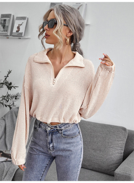 Knit shirt zipper drawcord lapel knit pullover POLO shirt top
