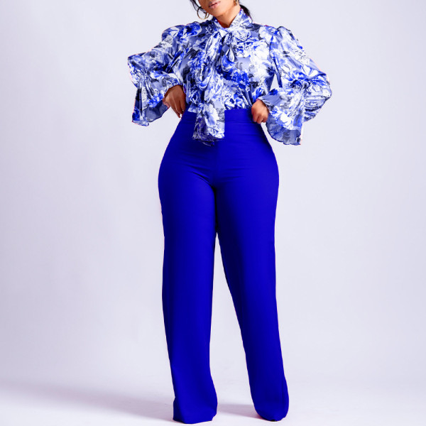 Autumn and winter loose large casual printing long sleeve shirt wide leg pants two-piece set