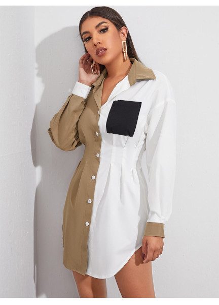 Women's waist collection color contrast splicing top pocket long sleeve chiffon shirt