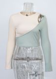 Sexy short color contrast off shoulder t-shirt splicing slim top women's bottomed long sleeve T-shirt