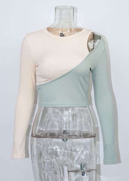 Sexy short color contrast off shoulder t-shirt splicing slim top women's bottomed long sleeve T-shirt