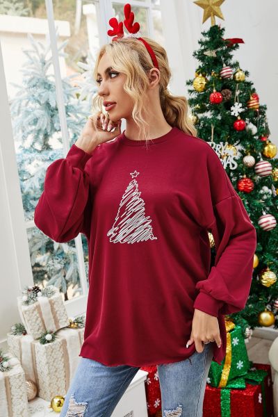 Christmas tree loose long sleeve round neck printed women's blouse wine red medium long sweater