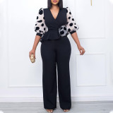 V-Neck Slim Fit High Waist Mesh Splice Oversized Jumpsuit