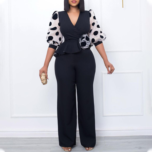 V-Neck Slim Fit High Waist Mesh Splice Oversized Jumpsuit