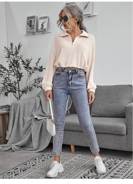 Knit shirt zipper drawcord lapel knit pullover POLO shirt top