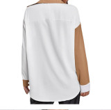 Women's color contrast splicing top pocket design sense long sleeved chiffon blouse