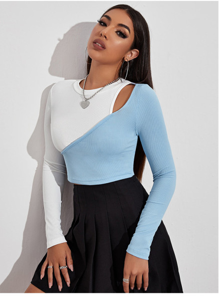Sexy short color contrast off shoulder t-shirt splicing slim top women's bottomed long sleeve T-shirt