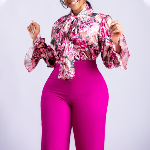 Autumn and winter loose large casual printing long sleeve shirt wide leg pants two-piece set