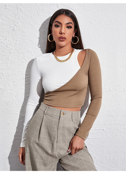 Sexy short color contrast off shoulder t-shirt splicing slim top women's bottomed long sleeve T-shirt