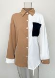Women's color contrast splicing top pocket design sense long sleeved chiffon blouse