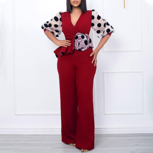 V-Neck Slim Fit High Waist Mesh Splice Oversized Jumpsuit